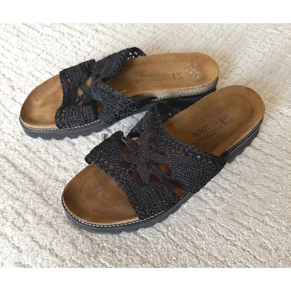 Naot‎ Women Black Crochet Knit Slide Sandals Comfort Footbed Made in Israel 37
